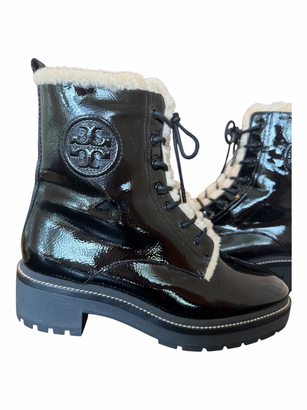 Tory Burch Black Patent Leather Lace-Up Shearling Collar Boots